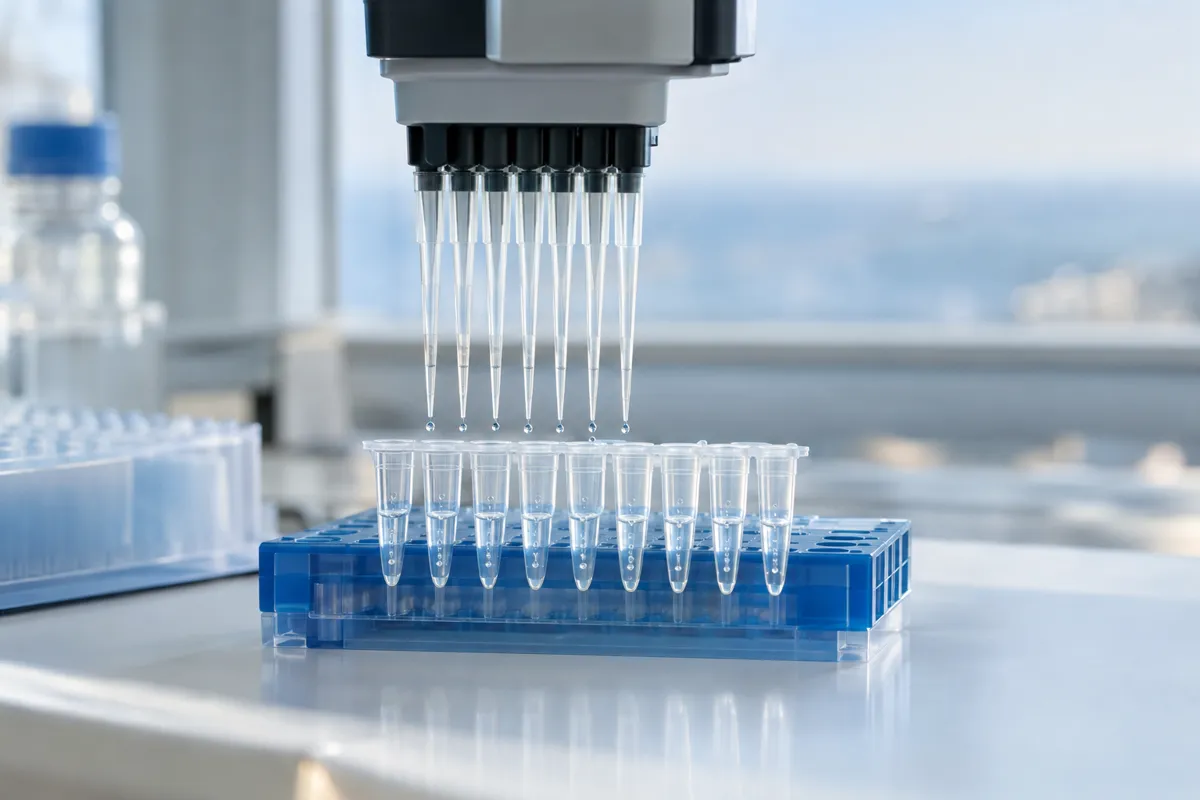 Dispensing head filling 8-strip PCR tubes with reagent