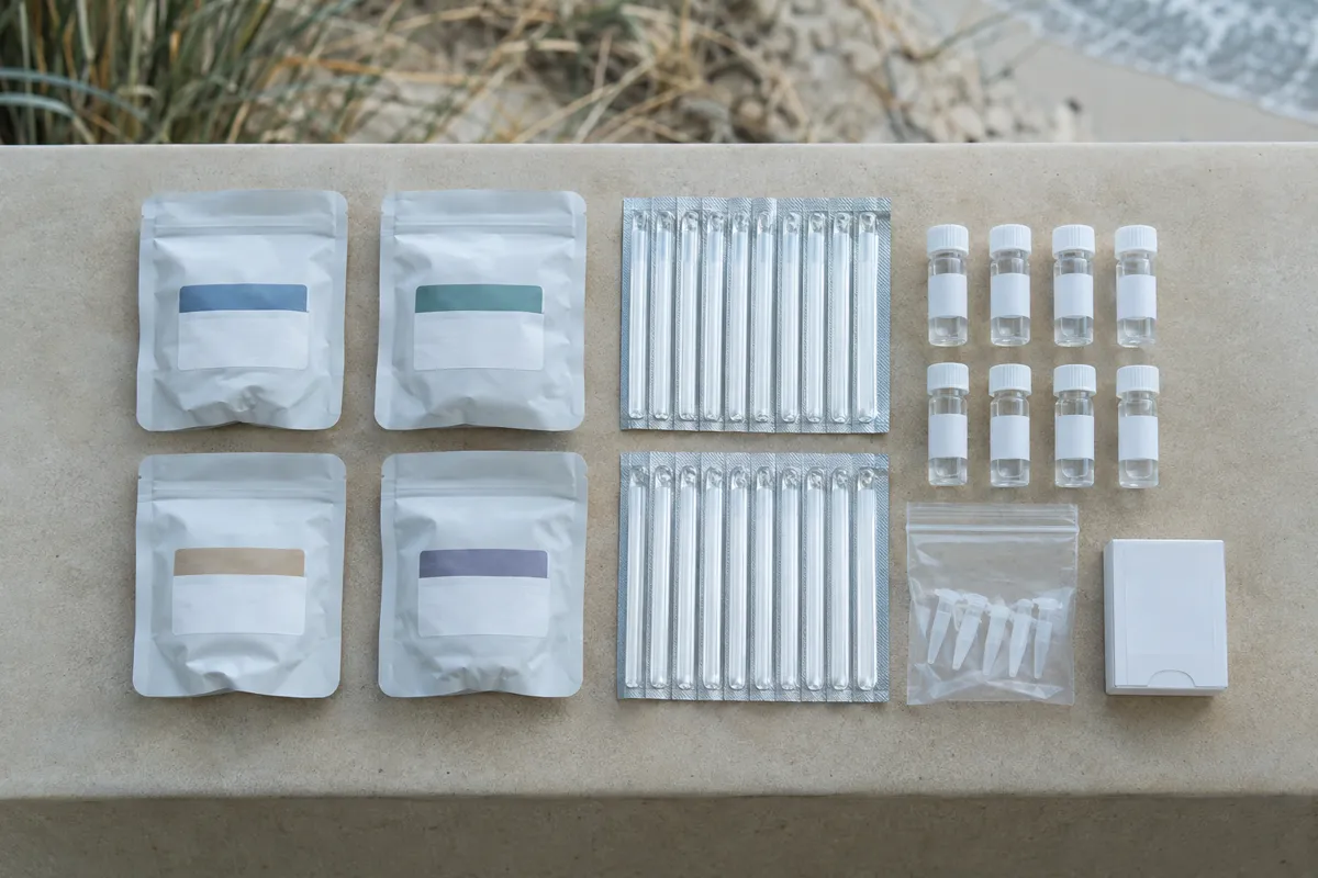 Kitted reagent pouches, strip tubes and vials arranged on a sand-colored bench
