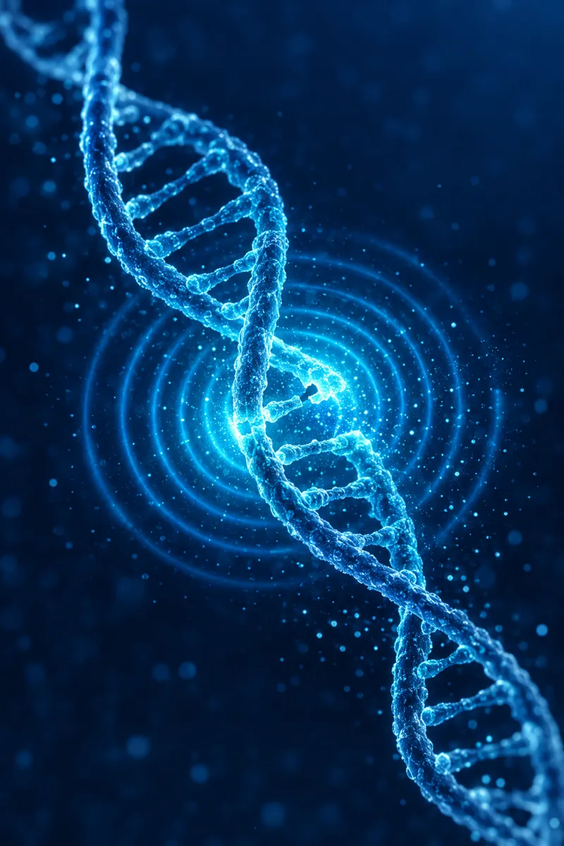 Abstract illustration of a DNA strand emitting a rippling signal